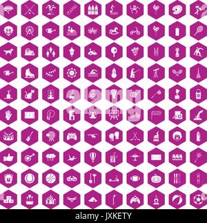 100 kids activity icons hexagon violet Stock Vector