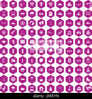 100 kids games icons hexagon violet Stock Vector