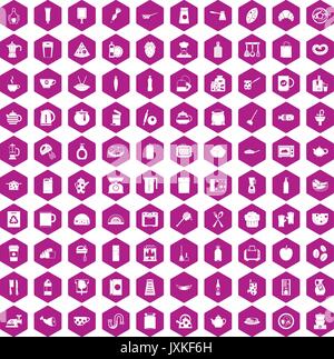 100 kitchen icons hexagon violet Stock Vector