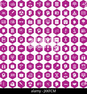 100 knowledge icons hexagon violet Stock Vector