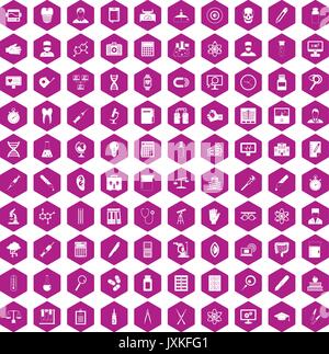 100 lab icons hexagon violet Stock Vector