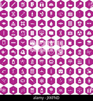 100 laboratory icons hexagon violet Stock Vector