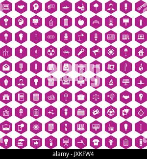 100 lamp icons hexagon violet Stock Vector