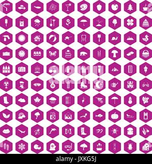 100 landscape icons hexagon violet Stock Vector