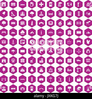 100 landscape element icons hexagon violet Stock Vector