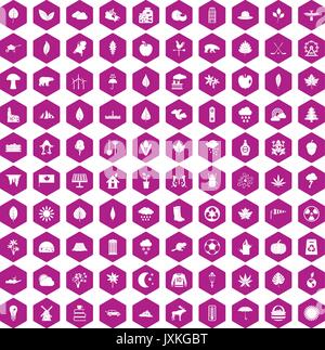 100 leaf icons hexagon violet Stock Vector