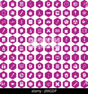 100 learning icons hexagon violet Stock Vector