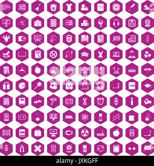 100 learning kids icons hexagon violet Stock Vector