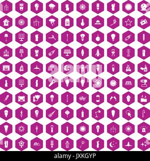 100 light source icons hexagon violet Stock Vector