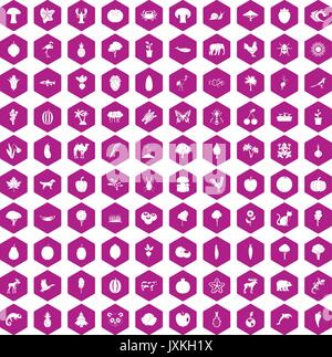 100 live nature icons hexagon violet Stock Vector