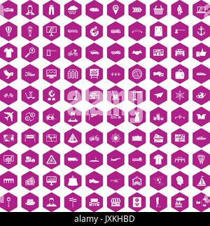 100 logistic and delivery icons hexagon violet Stock Vector