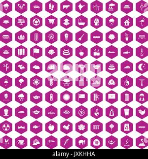 100 lotus icons hexagon violet Stock Vector