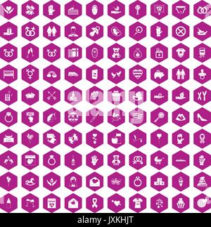 100 love icons hexagon violet Stock Vector