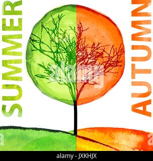 Summer and autumn watercolor concept. Seasonal trees art vector illustration Stock Vector