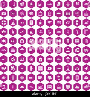 100 luggage icons hexagon violet Stock Vector