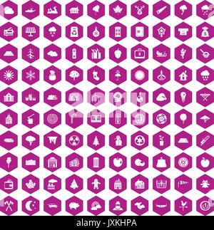 100 lumberjack icons hexagon violet Stock Vector