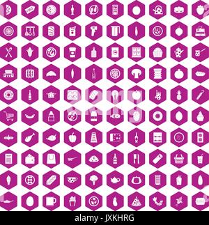 100 lunch icons hexagon violet Stock Vector