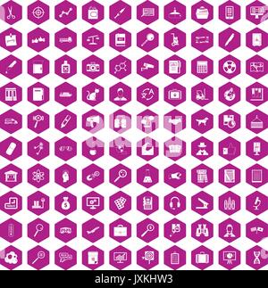 100 magnifier icons hexagon violet Stock Vector