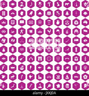 100 map icons hexagon violet Stock Vector