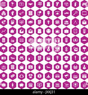 100 marketing icons hexagon violet Stock Vector