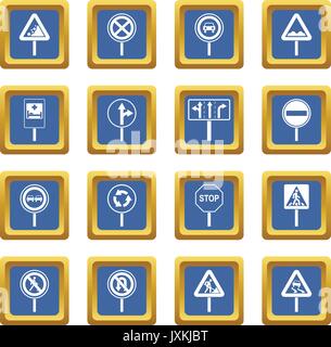 Different road signs icons set blue Stock Vector