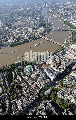 aerial view from the Strand looking south west down the Thames towards Houses of Parliament, London, UK Stock Photo