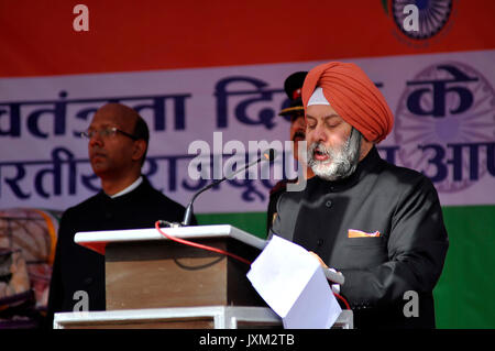 Indian Ambassador to Nepal Manjeev Singh Puri delivers his Independence Day speech at the Embassy premises during celebration of India's 71st Independence Day at Kathmandu, Nepal on Tuesday, August 15, 2017. (Photo by Narayan Maharjan/Pacific Press) Stock Photo