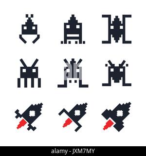 white background with icons space aliens and spatial rocket old arcade game Stock Vector