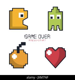 colorful poster of game over press start with graphics of game pacman in pixels Stock Vector
