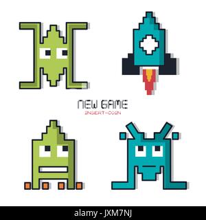 colorful poster of new game insert coin with graphics of spatial game in pixels Stock Vector