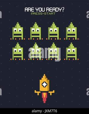 colorful poster of are you ready press start with graphics of spatial game with yellow rocket Stock Vector