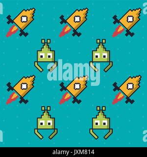 colorful pattern of alien and rockets game Stock Vector