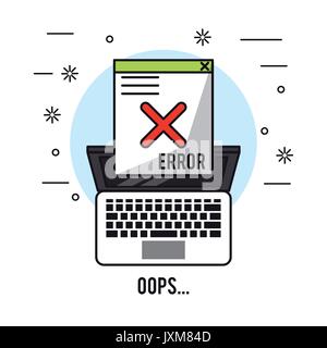white background with laptop in top view and window message error oops Stock Vector