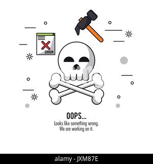 white background with skull and bones in closeup and hammer and error window message on top Stock Vector