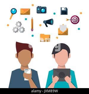 colorful faceless half body men with tech devices sharing social media and related icons on top Stock Vector