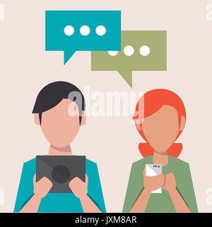 color silhouette faceless half body man and woman with tech devices sharing social media Stock Vector