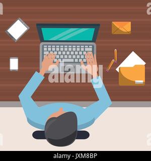 colorful background on top view of man on desk working in laptop Stock Vector