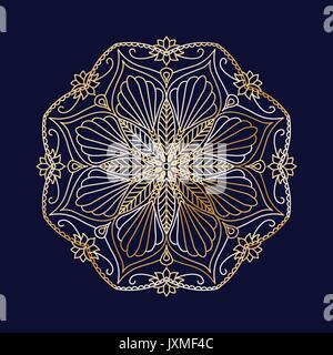 Round golden decorative floral mandala element on blue background Stock Vector