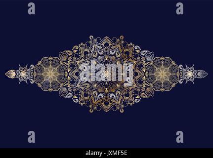 Decorative golden floral mandala border element on blue background Stock Vector