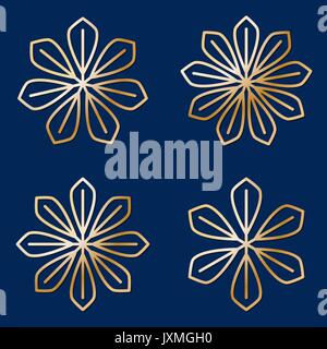 Set of simple round floral golden mandala on blue background Stock Vector