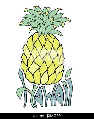 Hawaii. Typography banner. Pineapple sketch illustration. Aloha poster. Vector lettering. Stock Vector