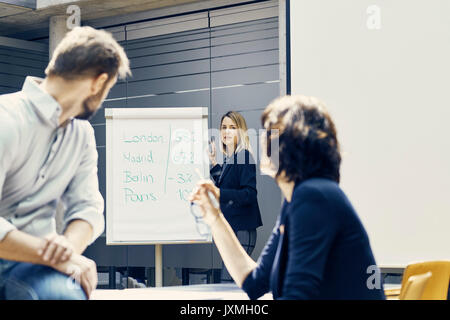 Young businesswoman giving international business presentation in office Stock Photo