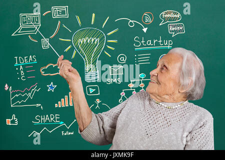 Happy Senior Female Teacher Explaining Diagram On Blackboard With Pointer Stock Photo