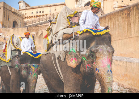 JAIPUR, INDIA - JANUARY 28, 2017: Unidentified men ride decorated elephants in Jaleb Chowk in Amber Fort in Jaipur, India. Elephant rides are popular  Stock Photo