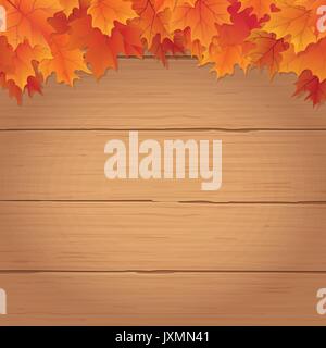 Fall leaves border on top and bottom with wooden background autumnal vector illustration Stock Vector