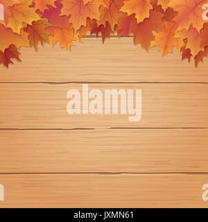 Fall leaves border on wooden background autumnal vector illustration Stock Vector