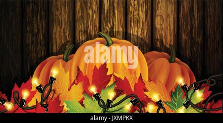 The vector illustration of pumpkins isolated on wooden background, maple leafs. It is autumn. It is Thanksgiving day Stock Vector