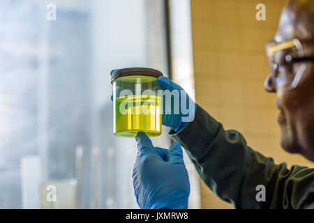 Lab technician inspecting beaker of yellow biofuel in biofuel plant laboratory Stock Photo