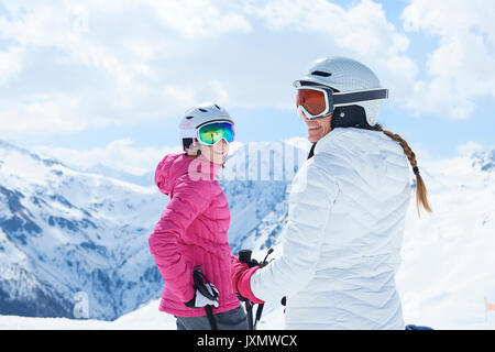 Mother and daughter on skiing holiday, Hintertux, Tirol, Austria Stock Photo