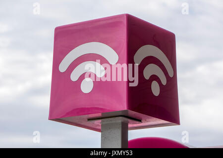 A WiFi Hotspot Sign On A Telstra Payhone Booth In Burnie Tasmania Australia Stock Photo